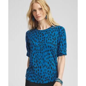 Chico's Blue Animal Print Puff Sleeve Blouse Cotton Blend Women size 1 / Medium